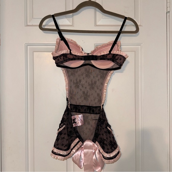 Victoria's Secret Black Pink Lace French Maid Lingerie Apron almost vintage 34B - Picture 8 of 14
